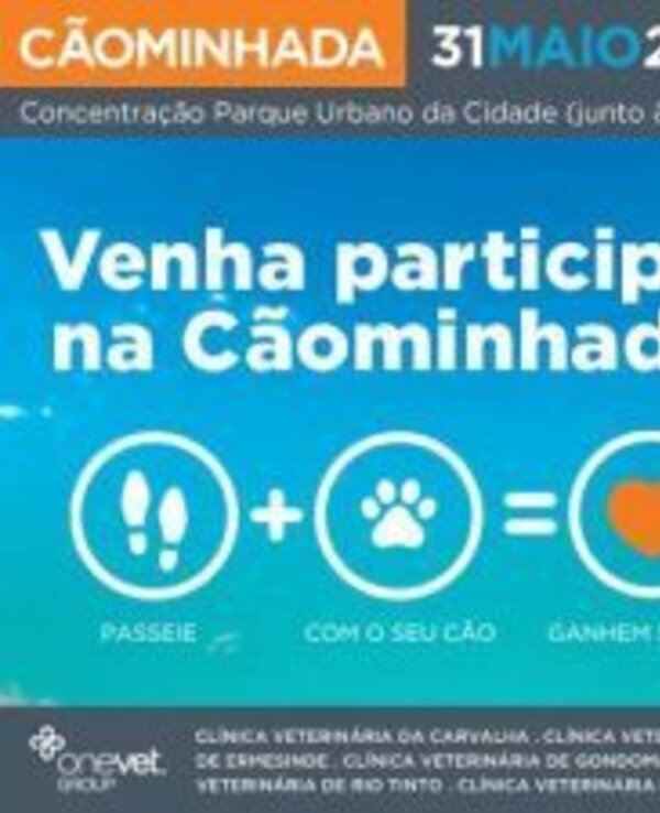 Cartaz da Cãominhada, promovendo passeio com cães para ganhar saúde.