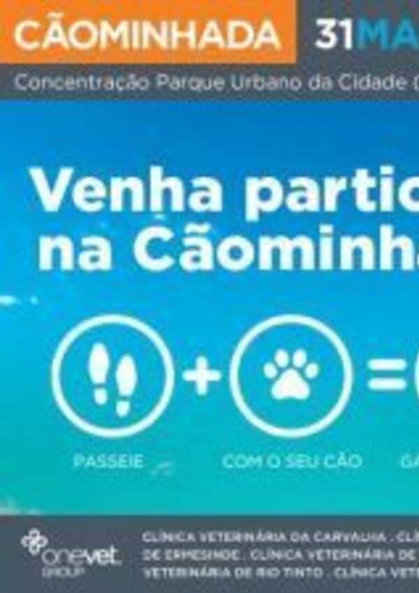 Cartaz da Cãominhada, promovendo passeio com cães para ganhar saúde.
