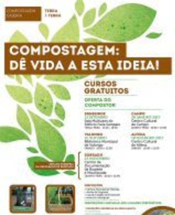 Cartaz sobre compostagem com informações de cursos gratuitos.