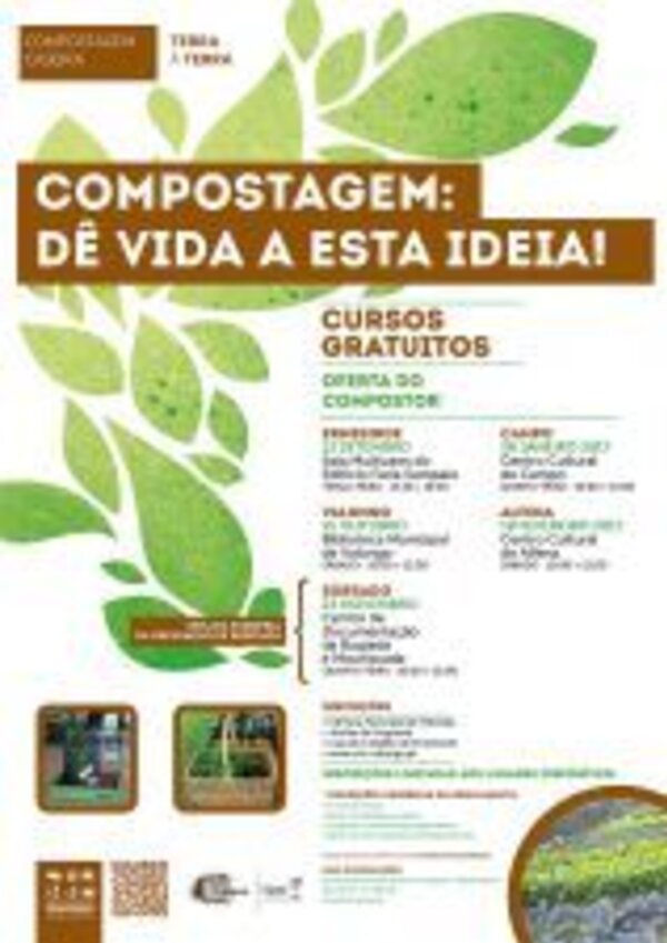 Cartaz sobre compostagem com informações de cursos gratuitos.