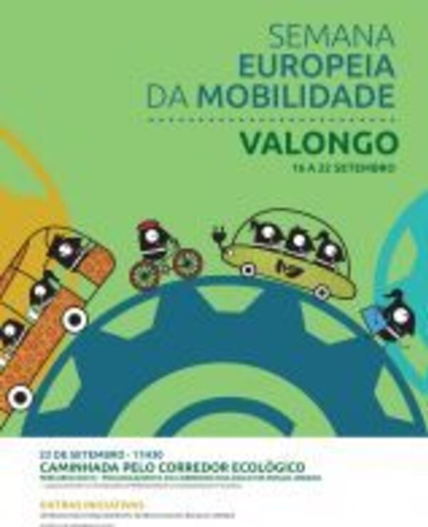 Cartaz da Semana Europeia da Mobilidade em Valongo, com várias ilustrações de transportes.