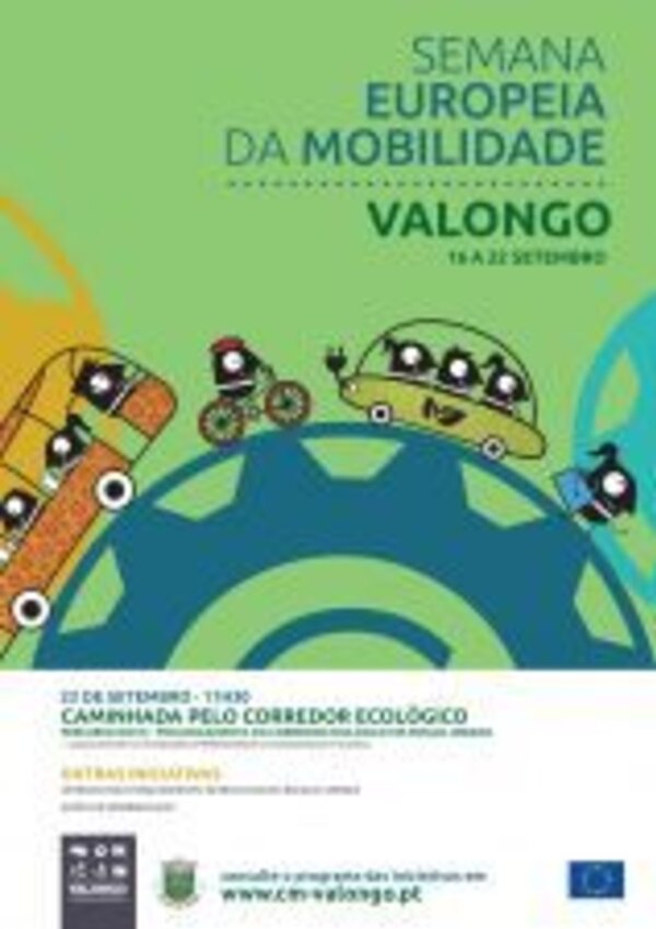 Cartaz da Semana Europeia da Mobilidade em Valongo, com várias ilustrações de transportes.