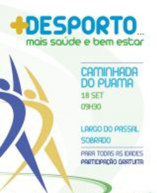 Cartaz do evento 'Caminhada do Pijama' a 18 de setembro, gratuito para todas as idades.