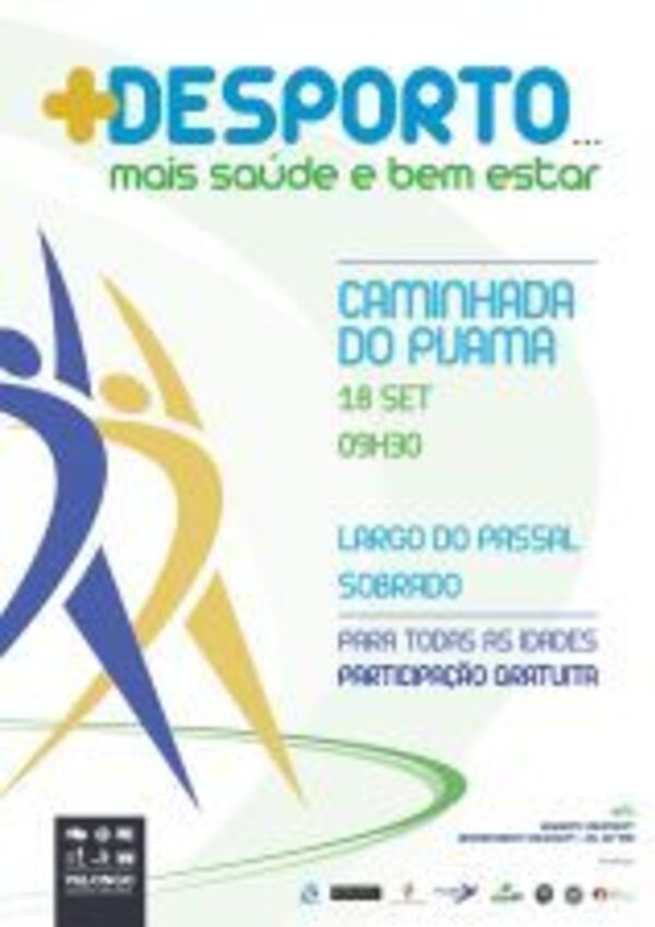Cartaz do evento 'Caminhada do Pijama' a 18 de setembro, gratuito para todas as idades.