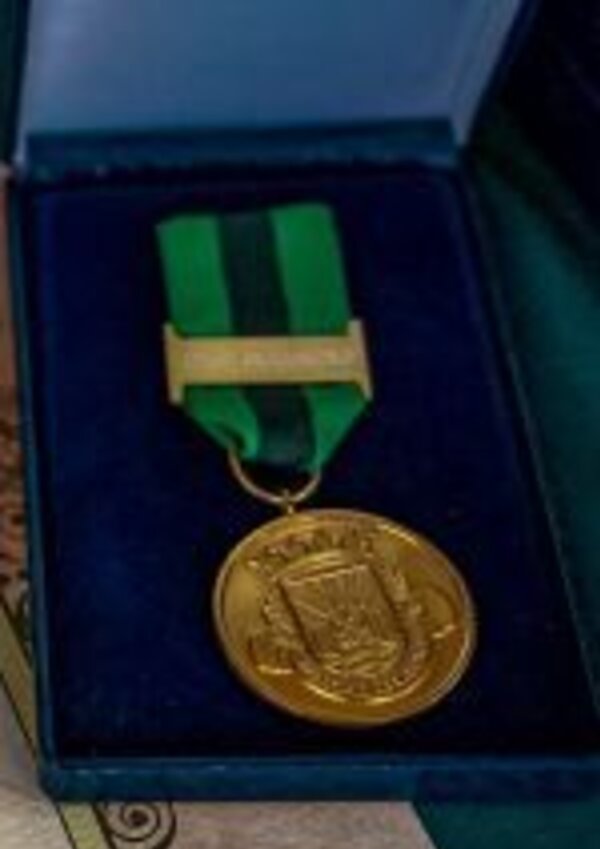 Medalha dourada com fita verde e preta, dentro de uma caixa azul.