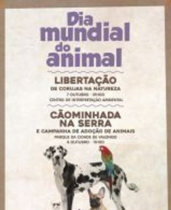 Cartaz do Dia Mundial do Animal com informações sobre eventos e adoção.