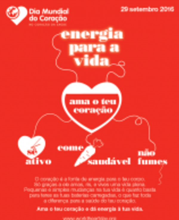 Cartaz do Dia Mundial do Coração com mensagens sobre saúde e bem-estar.