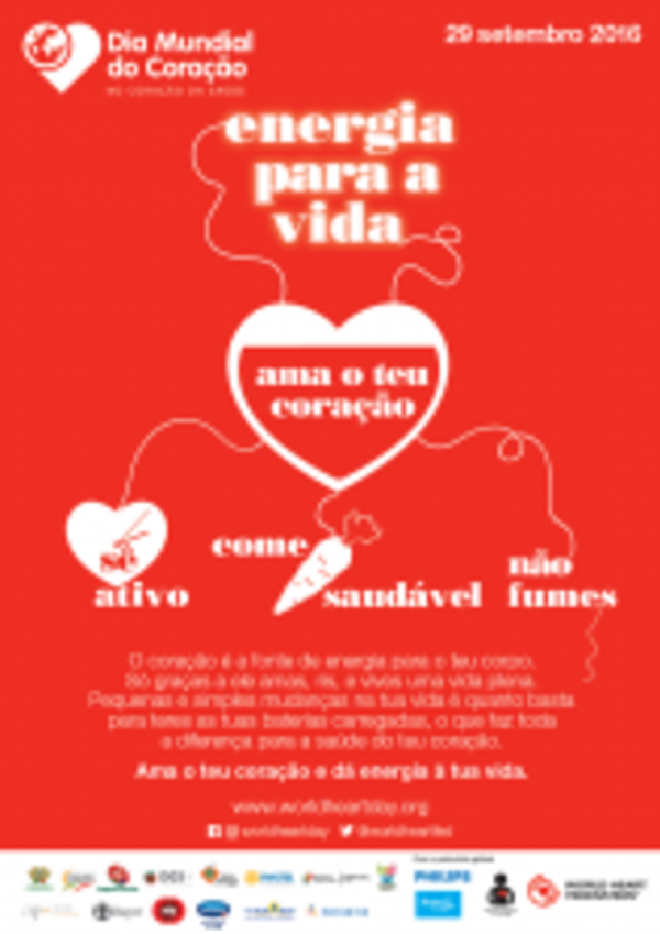 Cartaz do Dia Mundial do Coração com mensagens sobre saúde e bem-estar.