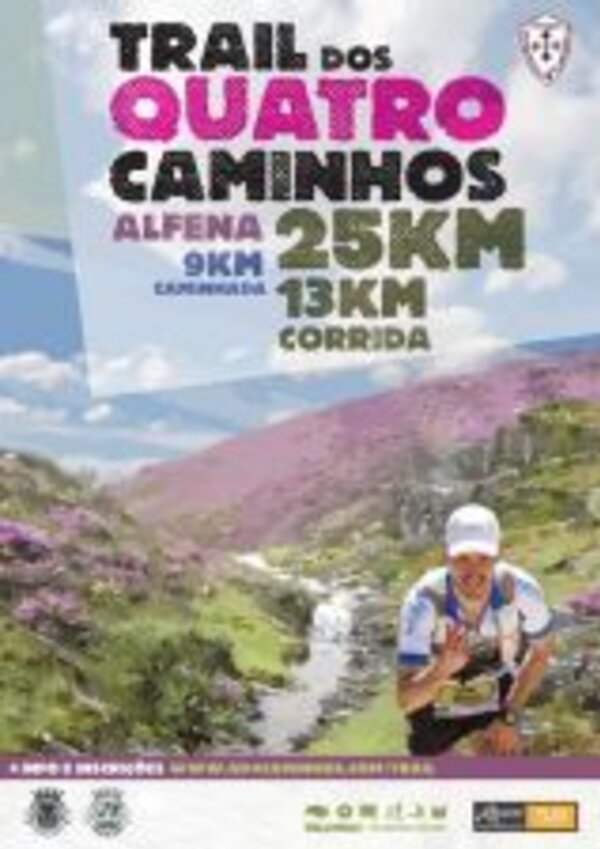Cartaz do Trail dos Quatro Caminhos com distâncias de 9, 13 e 25 km.
