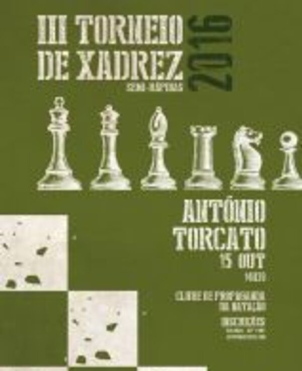Cartaz do III Torneio de Xadrez, com peças de xadrez e detalhes do evento.