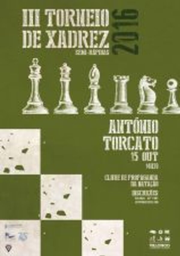 Cartaz do III Torneio de Xadrez, com peças de xadrez e detalhes do evento.