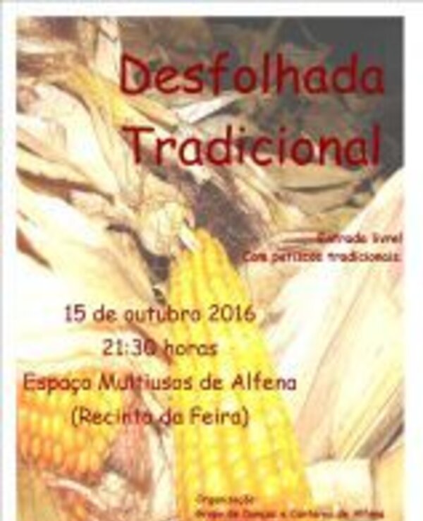 Cartaz do evento 'Desfolhada Tradicional' com informações sobre data e local.