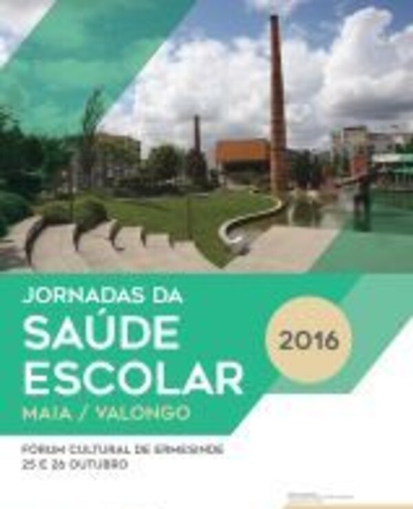 Cartaz das Jornadas da Saúde Escolar 2016, com imagem de um parque e edifícios.