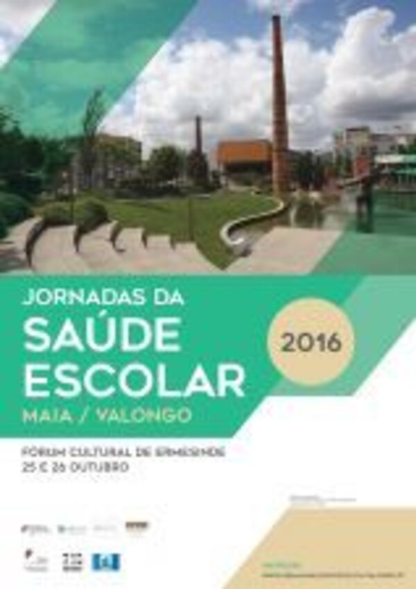 Cartaz das Jornadas da Saúde Escolar 2016, com imagem de um parque e edifícios.