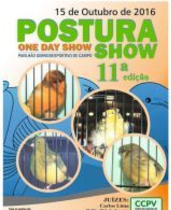 Cartaz do evento 'Postura Show' com aves em gaiolas e informações do evento.