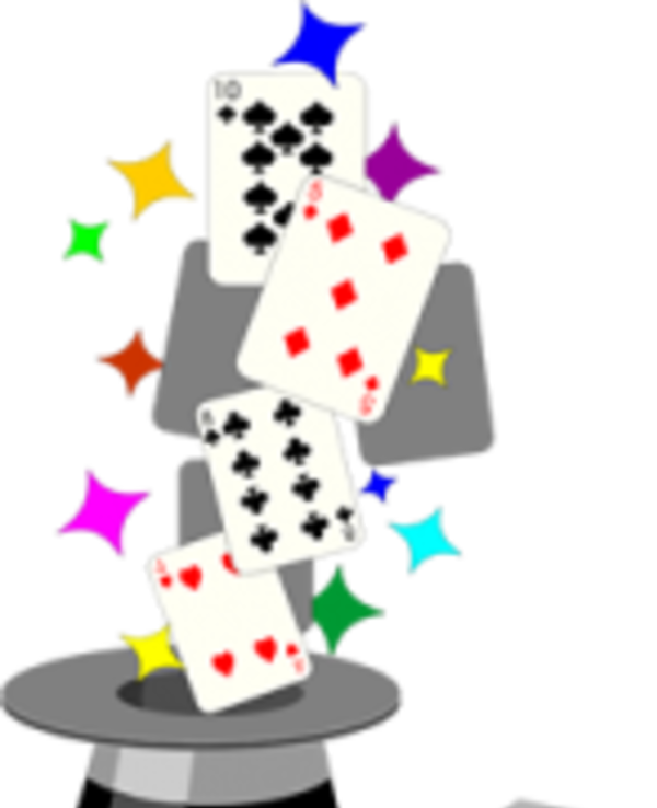 Cartas de baralho a sair de um chapéu mágico, com estrelas coloridas.