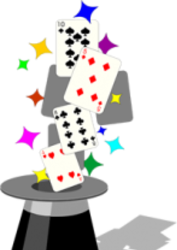 Cartas de baralho a sair de um chapéu mágico, com estrelas coloridas.