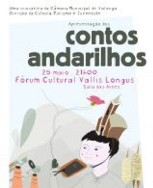 Cartaz do evento 'Contos Andarilhos' com data e local.