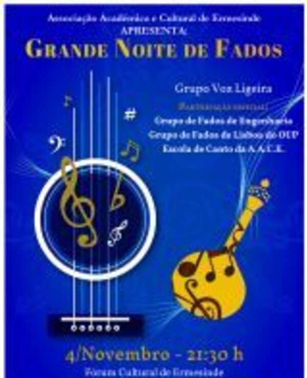 Cartaz do evento 'Grande Noite de Fados' com detalhes sobre o espetáculo.