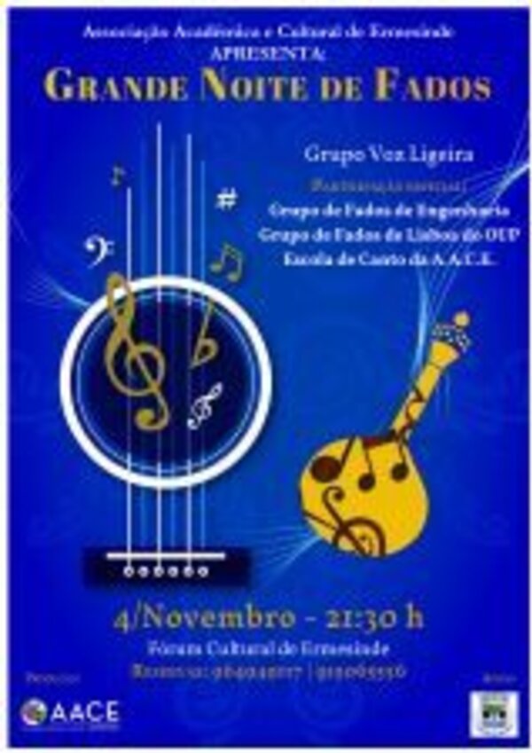 Cartaz do evento 'Grande Noite de Fados' com detalhes sobre o espetáculo.