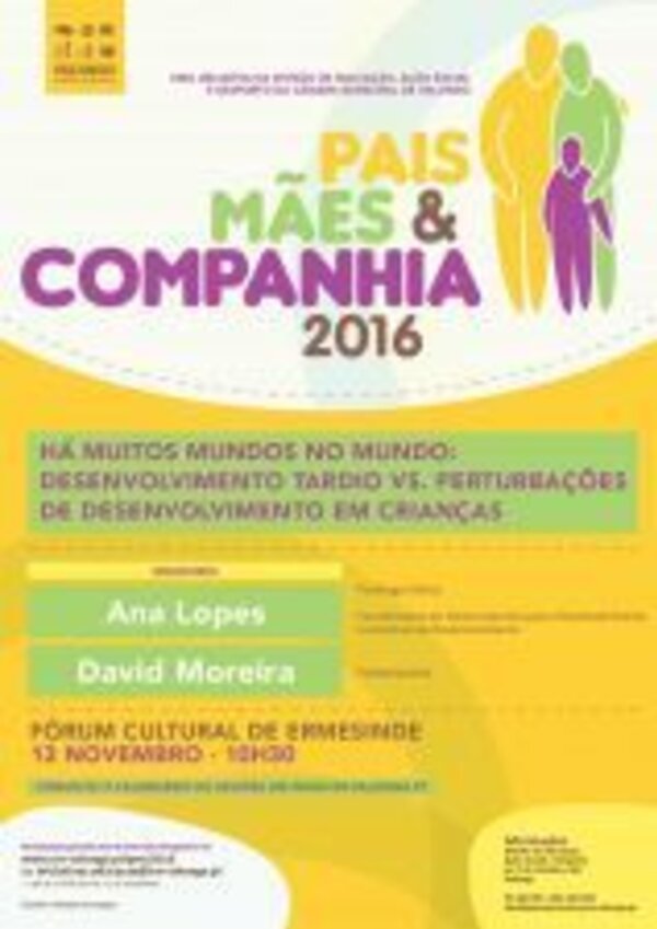 Cartaz do evento 'Pais, Mães & Companhia 2016' sobre desenvolvimento infantil.