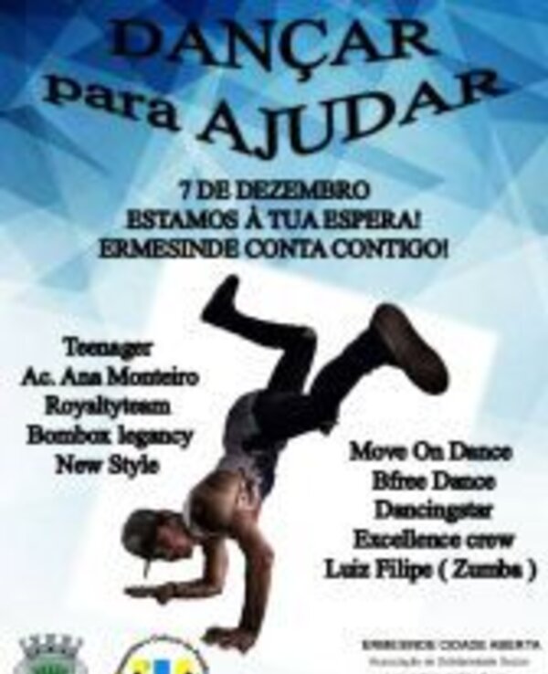 Cartaz do evento 'Dançar para Ajudar' com dançarino em movimento.