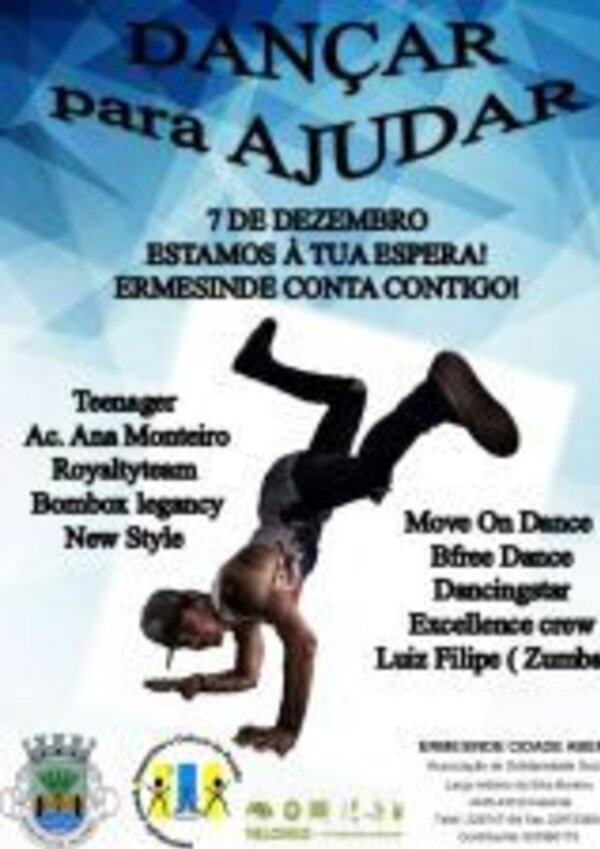Cartaz do evento 'Dançar para Ajudar' com dançarino em movimento.