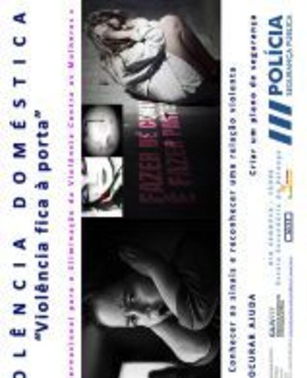 Cartaz sobre violência doméstica, com imagens de mulheres em sofrimento.