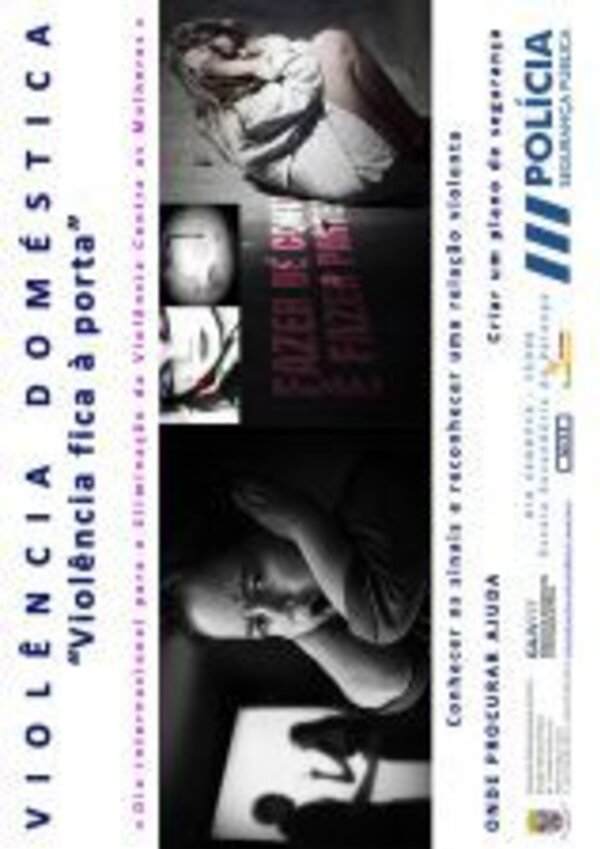 Cartaz sobre violência doméstica, com imagens de mulheres em sofrimento.
