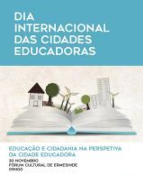 Cartaz do Dia Internacional das Cidades Educadoras com um livro aberto e ilustrações.