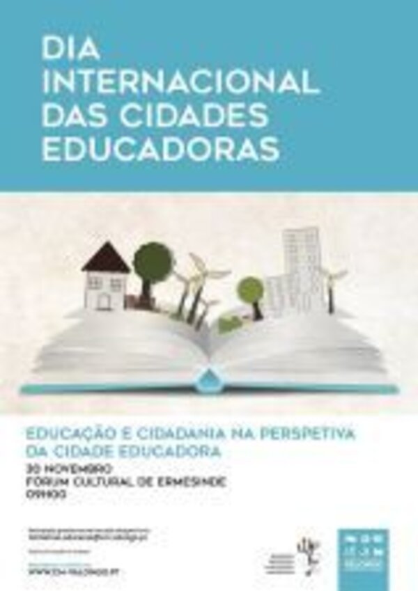 Cartaz do Dia Internacional das Cidades Educadoras com um livro aberto e ilustrações.