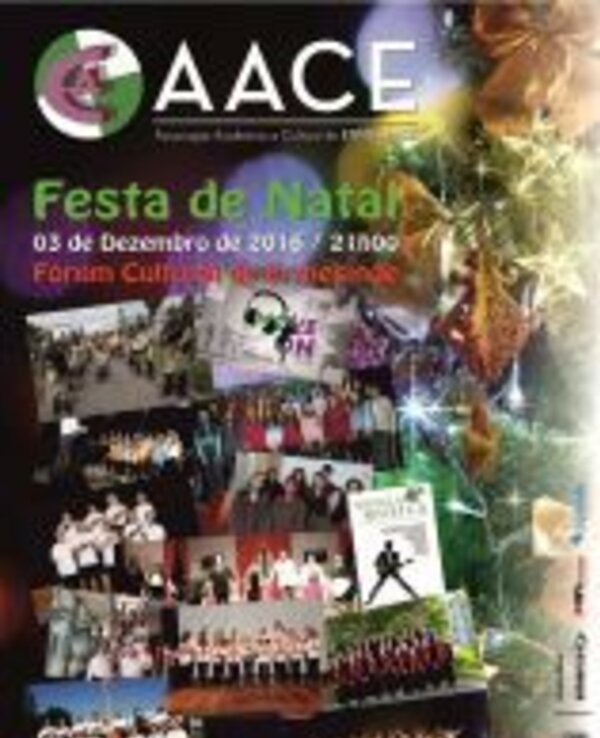 Cartaz da Festa de Natal da AACE com várias fotos de eventos e informações.