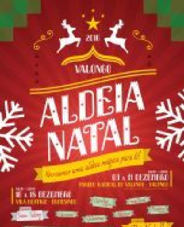 Cartaz da Aldeia Natal 2018, com decoração natalina e informações do evento.