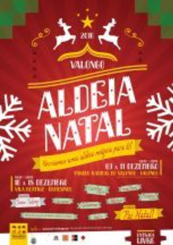 Cartaz da Aldeia Natal 2018, com decoração natalina e informações do evento.