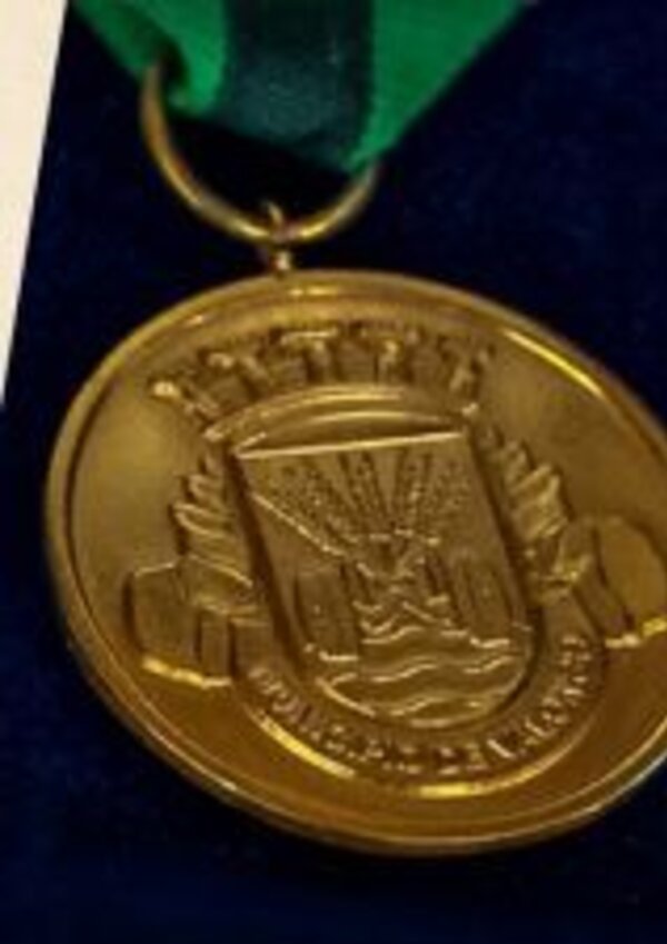 Medalha dourada com um brasão e fita verde, sobre fundo azul.