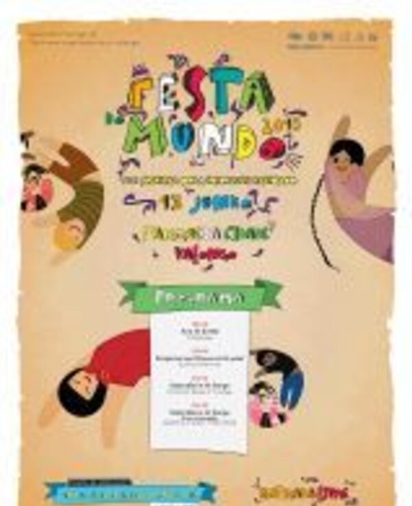 Cartaz da Festa Mundo 2015 com ilustrações coloridas e programação.