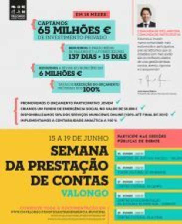 Cartaz sobre a Semana da Prestação de Contas em Valongo, com dados financeiros.