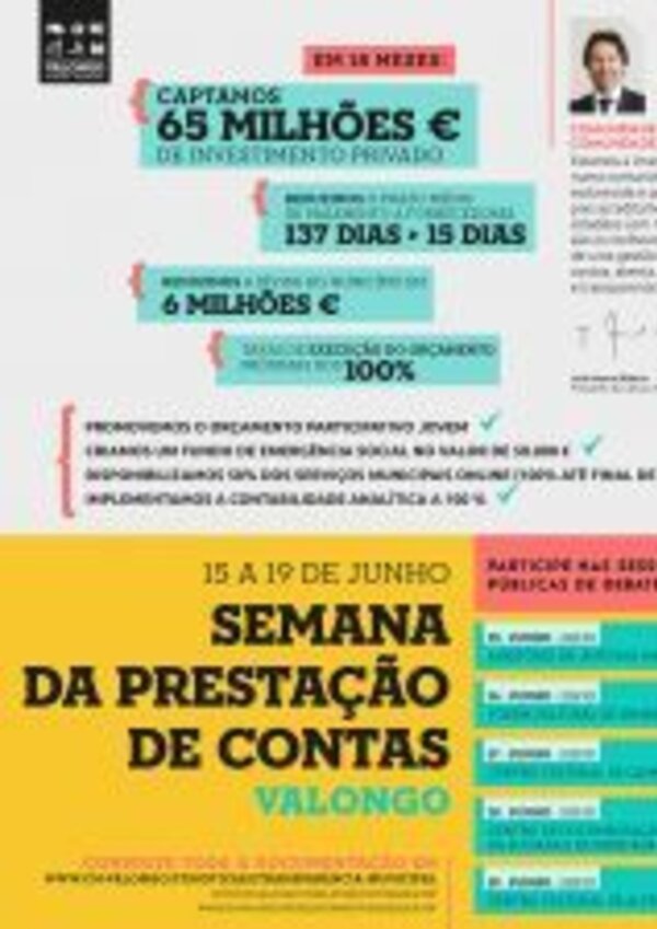 Cartaz sobre a Semana da Prestação de Contas em Valongo, com dados financeiros.