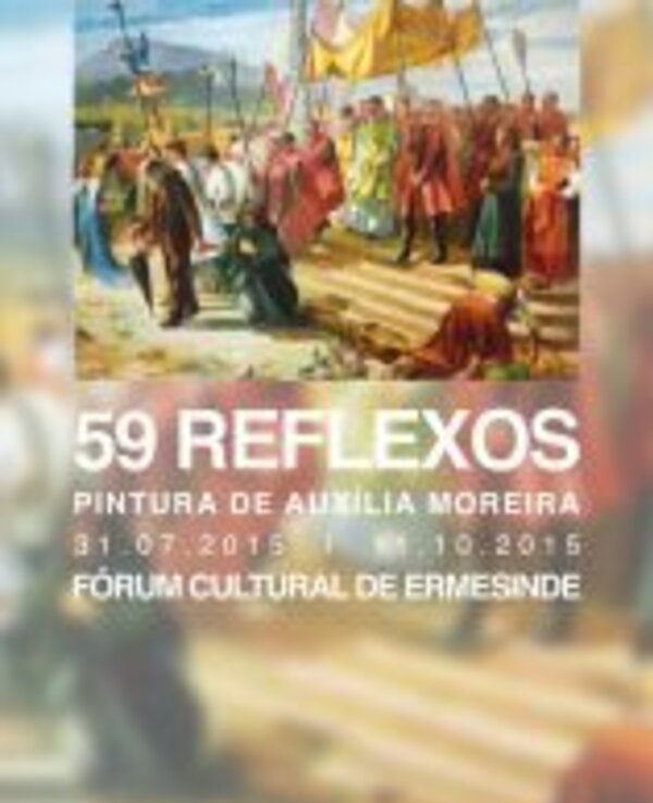 Cartaz da exposição '59 Reflexos' de Auxília Moreira, com detalhes de uma pintura.