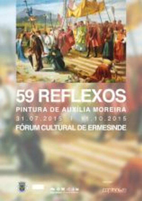 Cartaz da exposição '59 Reflexos' de Auxília Moreira, com detalhes de uma pintura.