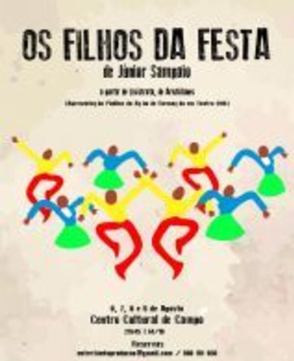 Cartaz do espetáculo 'Os Filhos da Festa' com dançarinos coloridos.