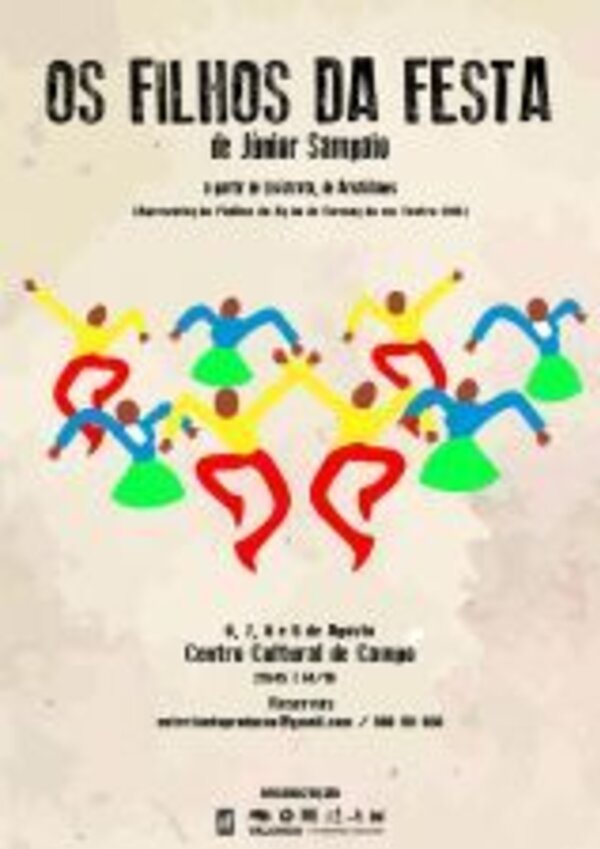 Cartaz do espetáculo 'Os Filhos da Festa' com dançarinos coloridos.