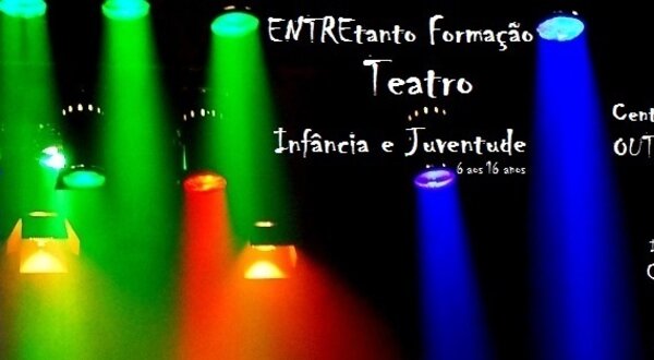 Cartaz colorido sobre formação em teatro para crianças e jovens.