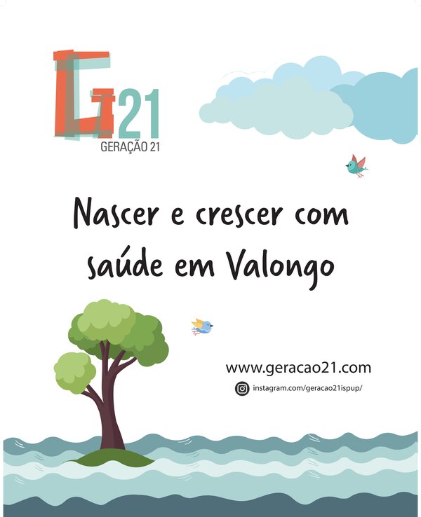 Cartaz com o título 'Nascer e crescer com saúde em Valongo', ilustrações de nuvens, árvores e água.