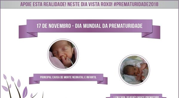 Cartaz informativo sobre o Dia Mundial da Prematuridade, com dados e imagens de bebés prematuros.