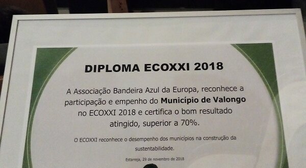 Diploma ECOXXI 2018 do Município de Valongo, destacando a sustentabilidade.