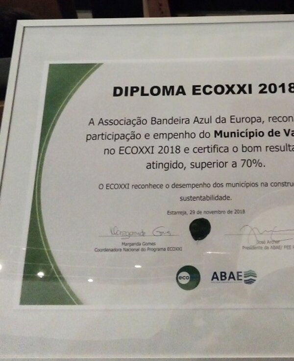 Diploma ECOXXI 2018 do Município de Valongo, destacando a sustentabilidade.