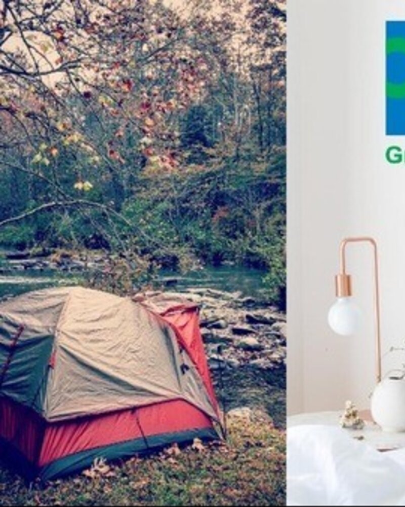 Imagem tripla: tenda na natureza, logo Green Key e mesa de restaurante elegante.