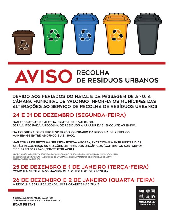 Aviso sobre a recolha de resíduos urbanos em Valongo durante o Natal e Ano Novo.