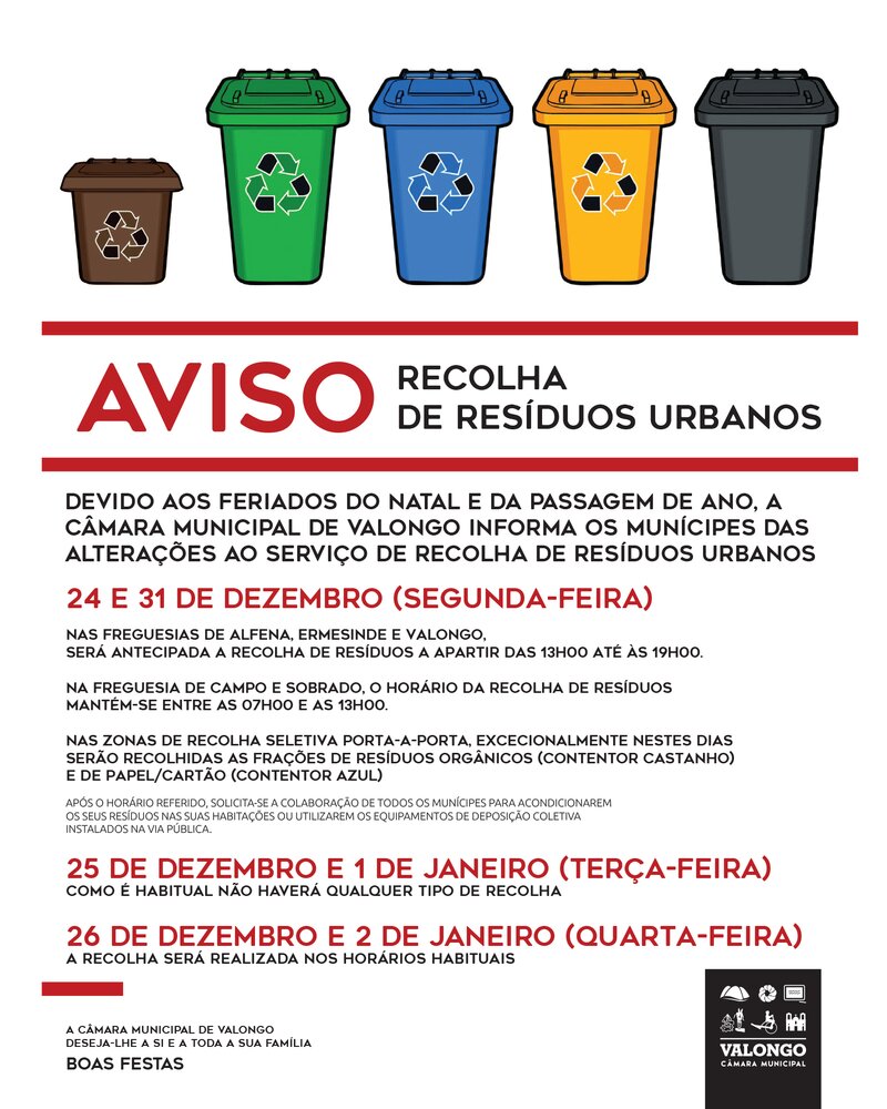 Aviso sobre a recolha de resíduos urbanos em Valongo durante o Natal e Ano Novo.